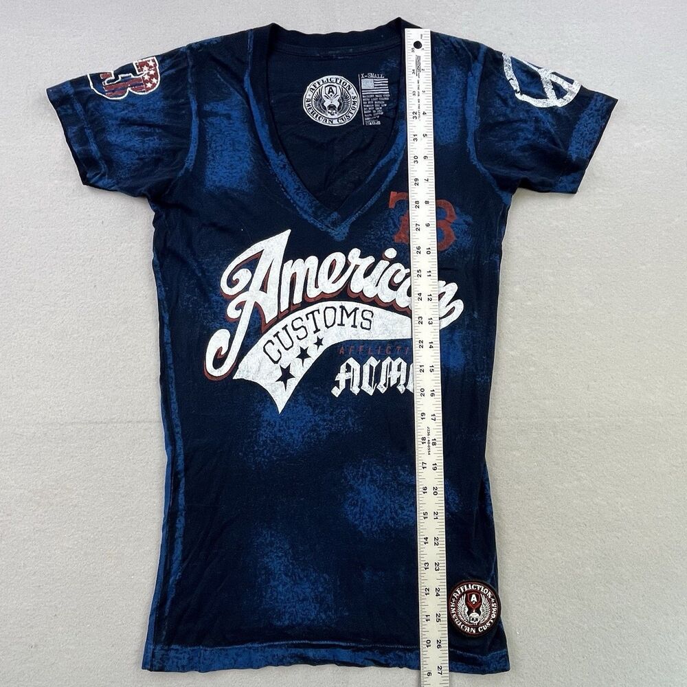Affliction T-Shirt Womens XS Blue V-Neck American Customs Peace Flag Biker - Picture 11 of 11